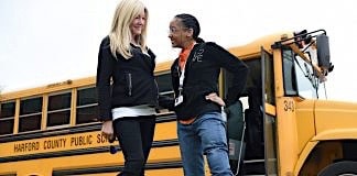 Harford County bus attendant Debbie Brown, left, helped student Sylva Green get outfiited with a properly fitted prosthetic left leg after noticing something wasn't right with the student's situation on the bus. Photo By: Matt Button, The Aegis/Baltimore Sun