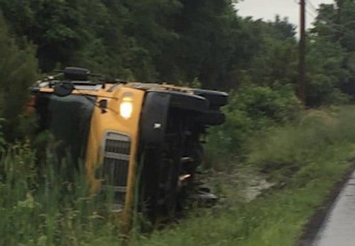 Stock photo of an overturned school bus.