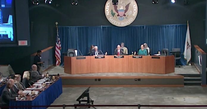 A still picture from the livestream of a meeting of NTSB members on school bus safety investigations meeting on May 22, 2019.