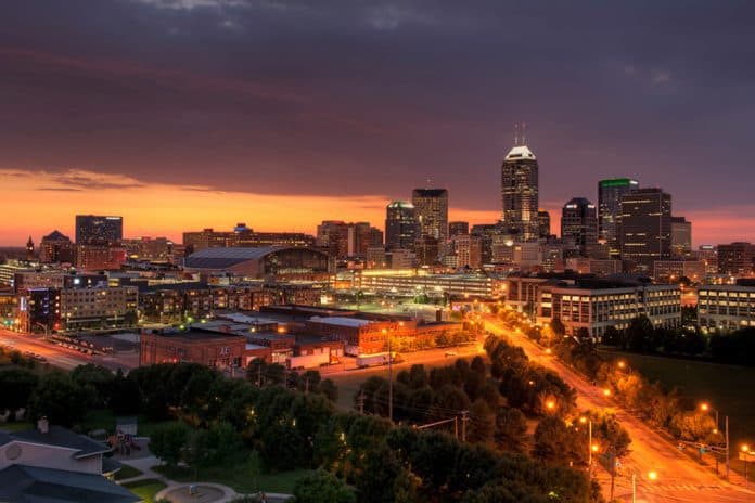 Indianapolis skyline at dusk.