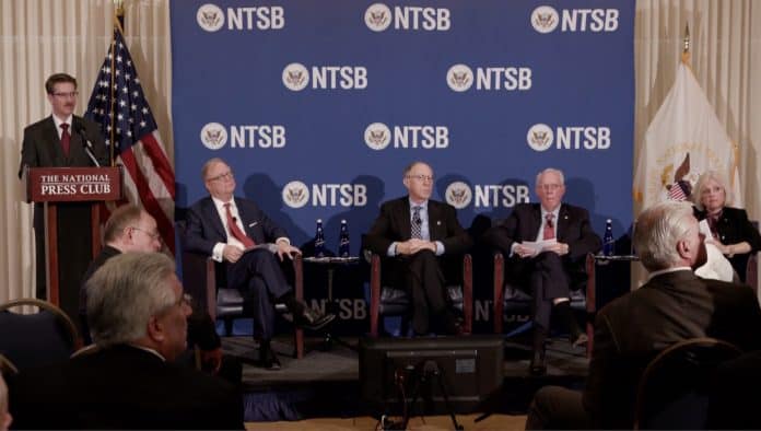 Present at the NTSB news conference were: Chairman Robert Sumwalt (seated on the left), Vice Chairman Bruce Landsberg, Board Member Earl Weener and Board Member Jennifer Homendy.
