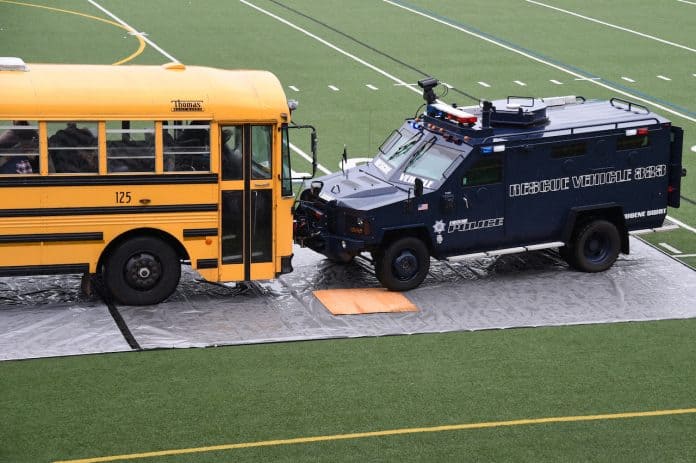 A school bus security drill . (Photo courtesy of Chris Ellison, Eugene School District in Oregon.)