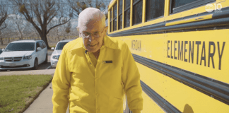 Phil Gardner began driving a school bus when he was 20 years old; 70 years later he still loves his job. “I used to have all my drivers in a uniform with yellow shirts and jackets. I have about 25 of those shirts in my closet, so I am wearing them every day now to wear them out.” (Photo screenshot by ABC10.com.)