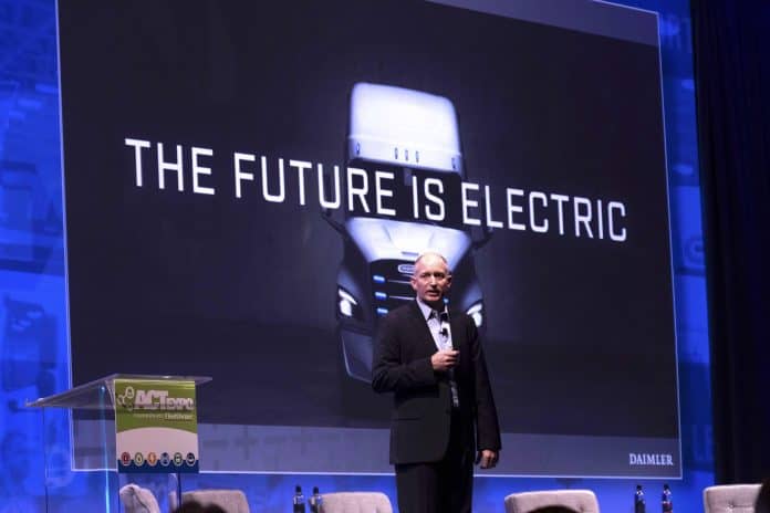 Daimler CEO Roger Nielsen commented that the high price, size and weight of battery packs for electric vehicles remain a difficult challenge to improve. (Photo by Taylor Hanson.)