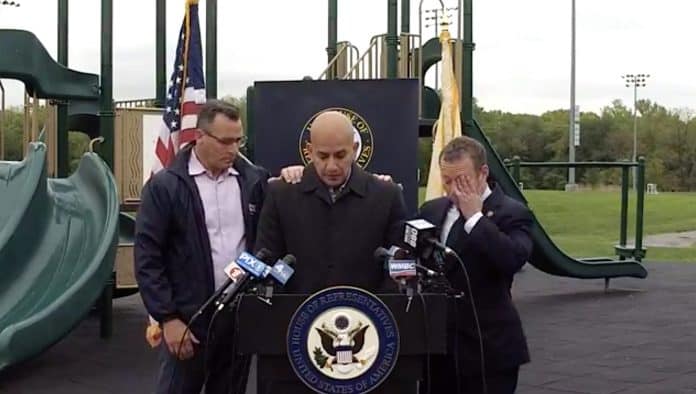 During an emotional press conference on May 14 at Besen Park in Westwood, N.J., Joevanny Vargas, the father of Miranda Vargas, discusses the need for new safety legislation. Paramus Mayor Richard LaBarbiera is on the left, and local U.S. Congressman Josh Gottheimer (NJ-5) is on the right. Miranda lost her life in the tragic Paramus bus crash one year ago this week.
