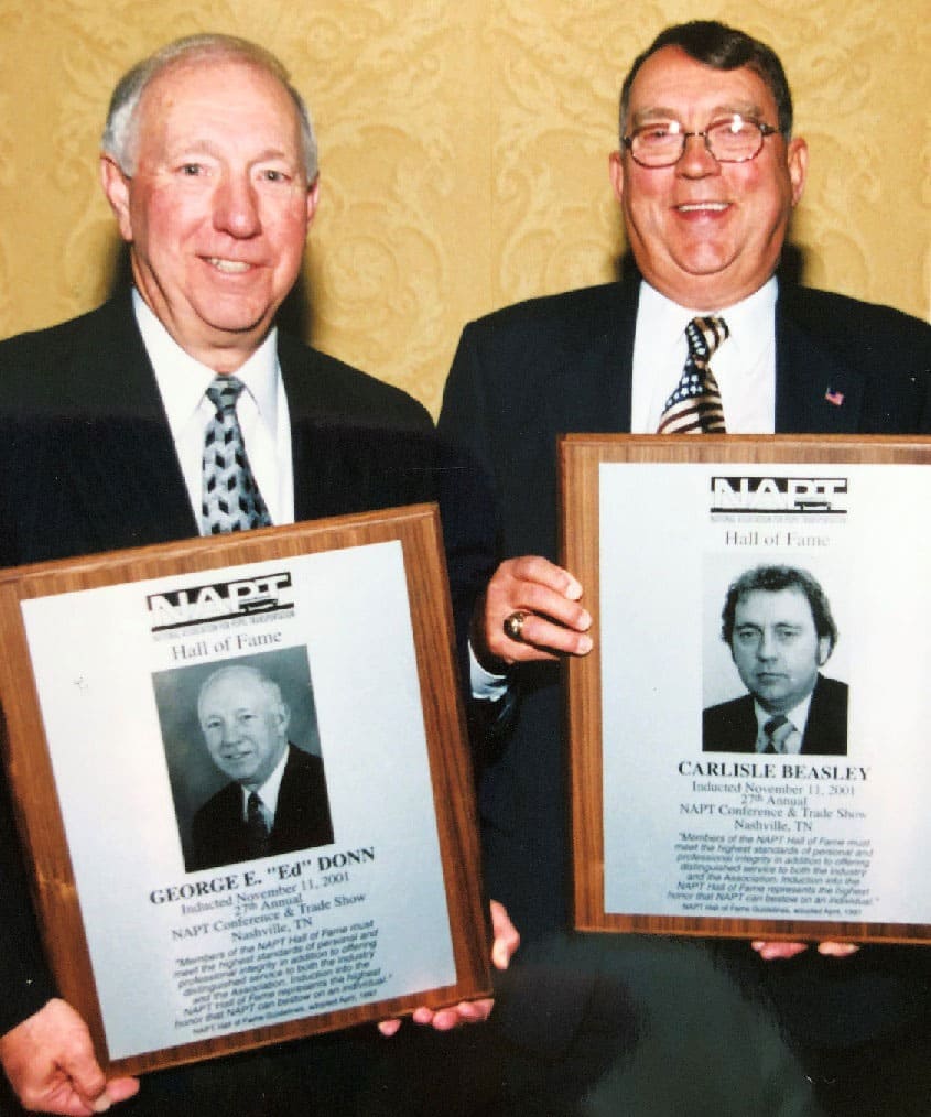 Ed Donn and Carlisle Beasley show off their NAPT Hall of Fame plaques.