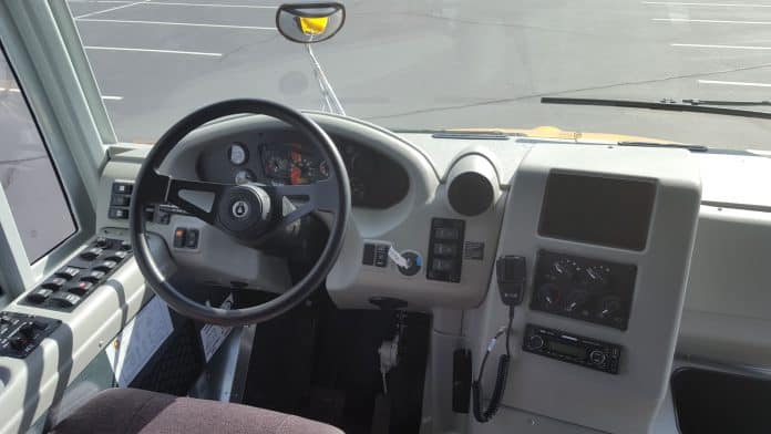 Driver's cockpit in an electric school bus.