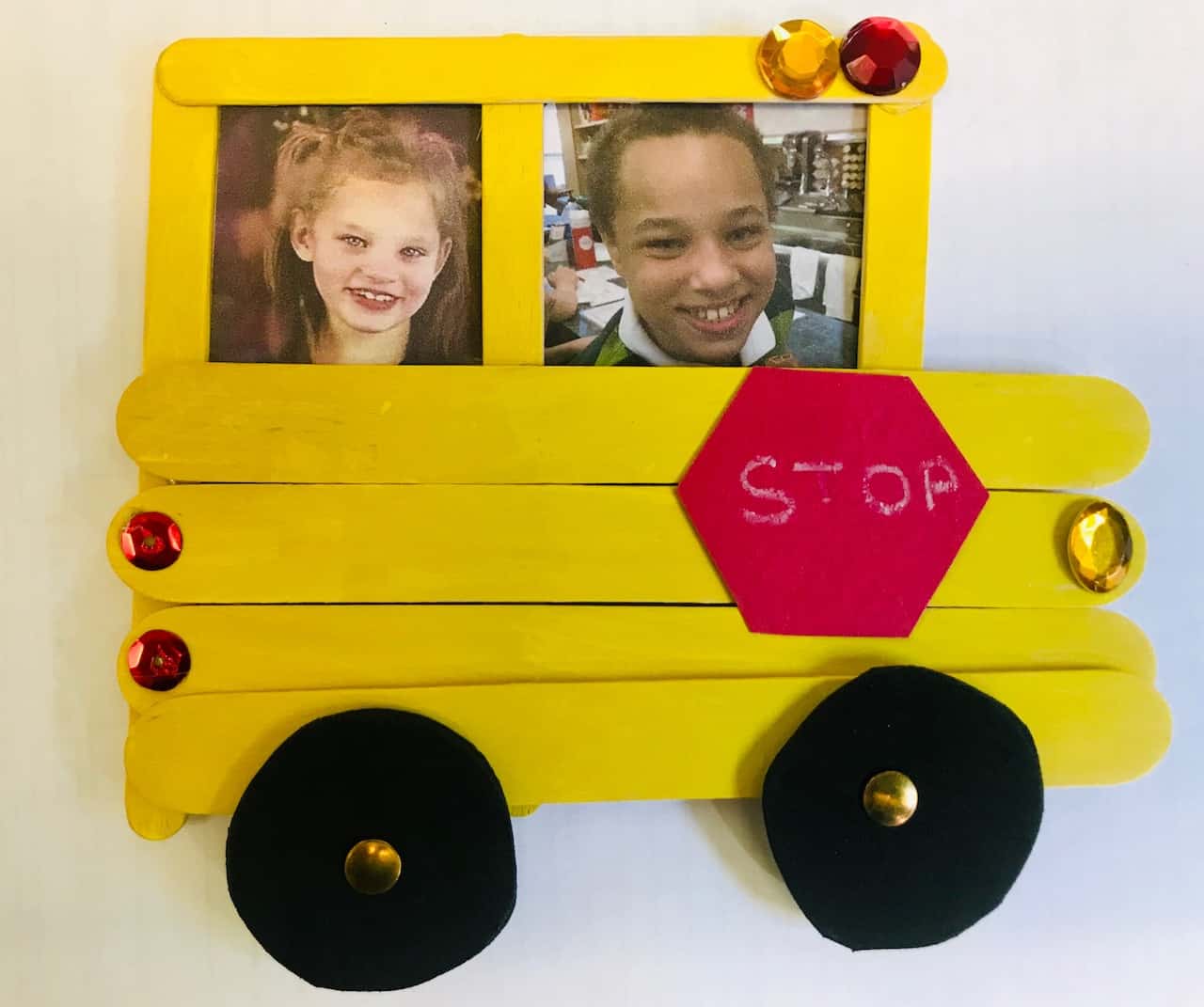 Pictures of Andromeda and Tyrone Sea were placed inside the popsicle stick school bus Tyrone made in class. (photo courtesy of the Summers County School District Transportation Department) 