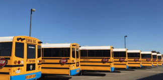 Parked electric school buses.