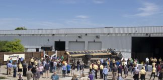 STN EXPO Indy attendees gather around the school bus used in the June 7, 2019 crash test demonstration by SafeGuard/IMMI at the company's Center for Advanced Product Evaluation. A new event is scheduled for June 7, 2021. Photos by Taylor Hannon.