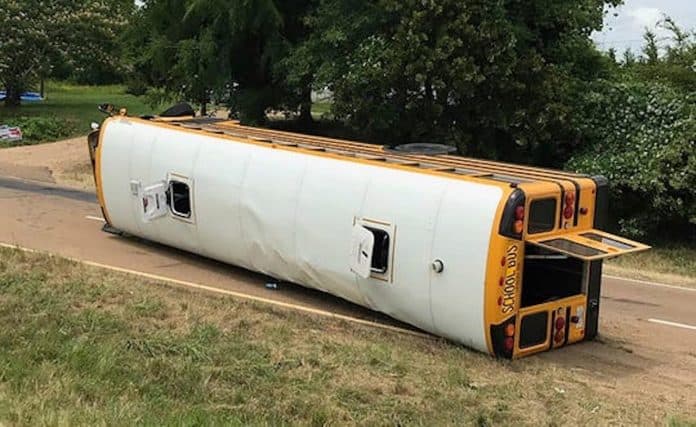 In Mississippi, 21 students were transported to the hospital after a one-vehicle school bus crash on June. 17, 2019. (Photo courtesy of the Clarion Ledger.)