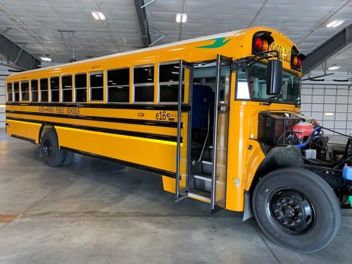 West Fargo Public Schools unveiled the first all-electric school bus in North Dakota. (Photo courtesy of Luke Hellier, Coalition for a Secure Energy Future.)