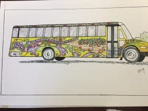 Sketch of a school bus with flowers, fruits and vegetables on it.