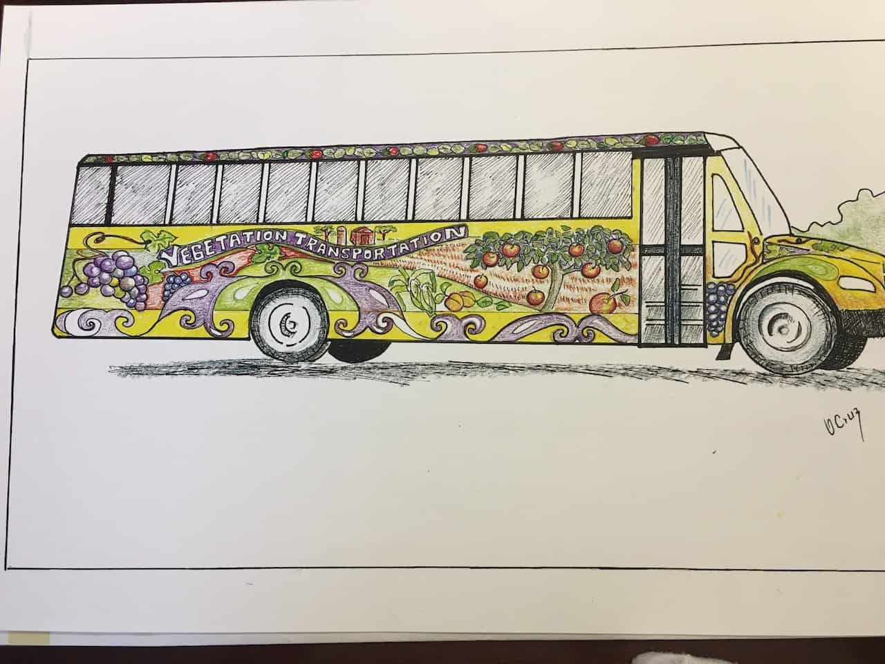 Sketch of a school bus with flowers, fruits and vegetables on it. 