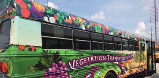 The “Vegetation Transportation” school bus started on June 7 and will run until December 6, 2019. The bus offers a healthy option to employees, with fruits and vegetables sold at a substantially reduced price. (Photo courtesy of Raquita Shupe.)