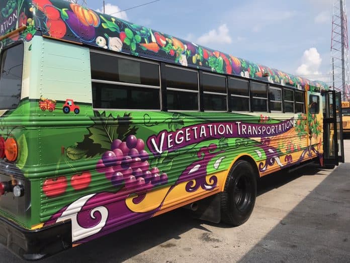 The “Vegetation Transportation” school bus started on June 7 and will run until December 6, 2019. The bus offers a healthy option to employees, with fruits and vegetables sold at a substantially reduced price. (Photo courtesy of Raquita Shupe.)