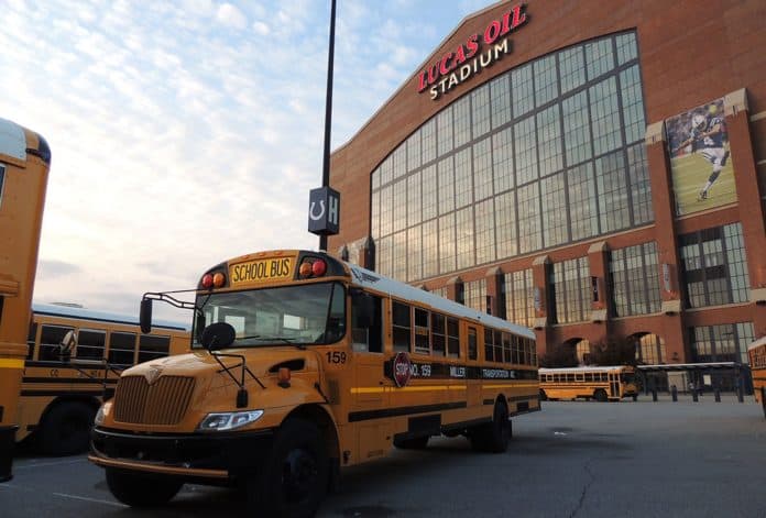 Miller Transportation buses outside of Lucas Oil Stadium in Indianapolis