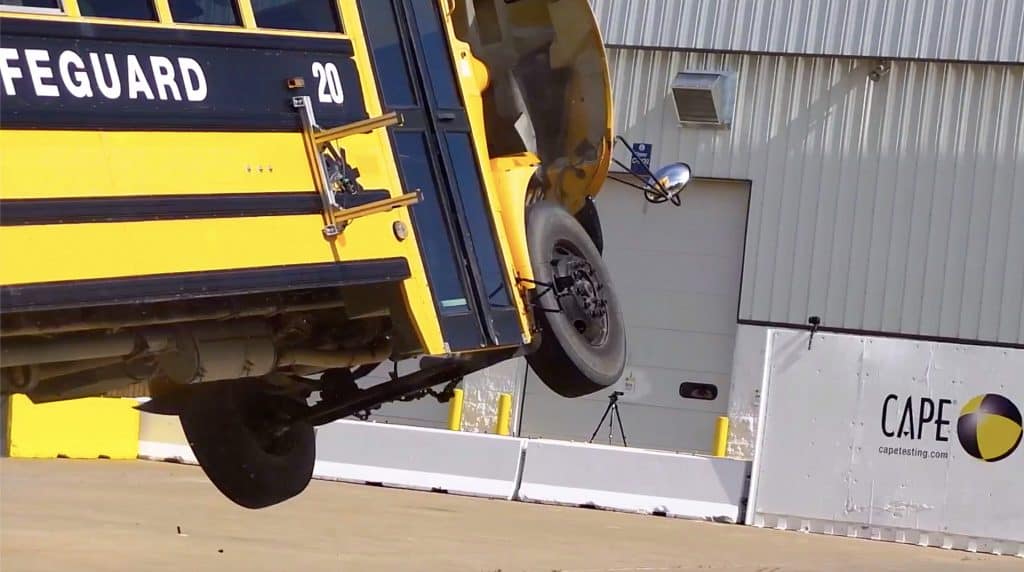 Almost 150 spectators were stunned to see a speeding school bus actually fly for the first time on June 7 during the STN EXPO live demonstration in Indiana. (Photo by David George.)