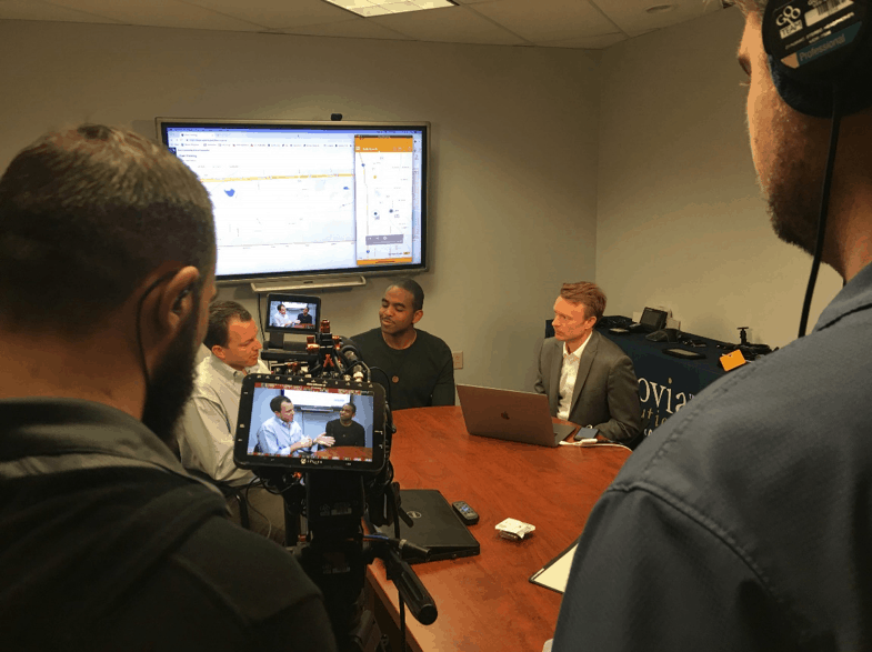 Synovia Founders, Brad Bishop, left, and Thomas Polan, right are interviewed by Innovation Nation correspondent Albert Lawrence.