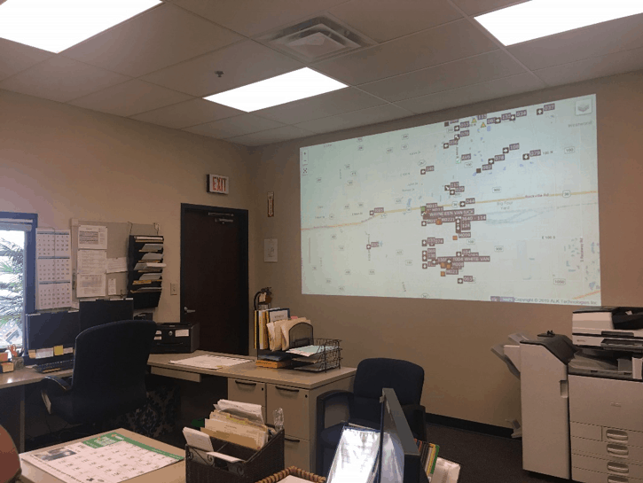 Avon Schools transportation officials project the Synovia software onto a wall in their dispatch center so the entire team can have real-time access to all of their buses as they run their daily routes.