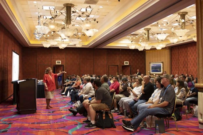 A trainer for PTSI, Betty Hughes, discussed student dragging incidents at the STN EXPO 2019 in Reno on July 29.
