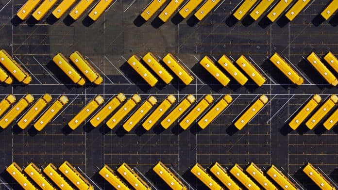 Ariel shot of a school bus yard