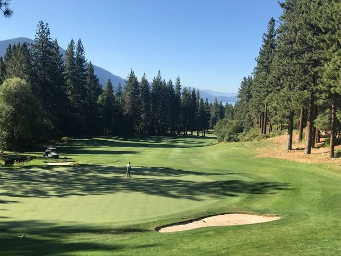 View of the Chateau Golf Course at Incline Village with Lake Tahoe in the distance.