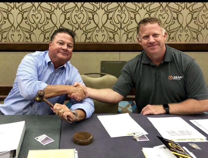 The new National School Transportation Association president (left), John Benish, Jr. (Cook-Illinois Corp.) assumed office this week from outgoing president Blake Krapf (Krapf School Buses)(right), at NSTA’s 2019 annual meeting and convention.