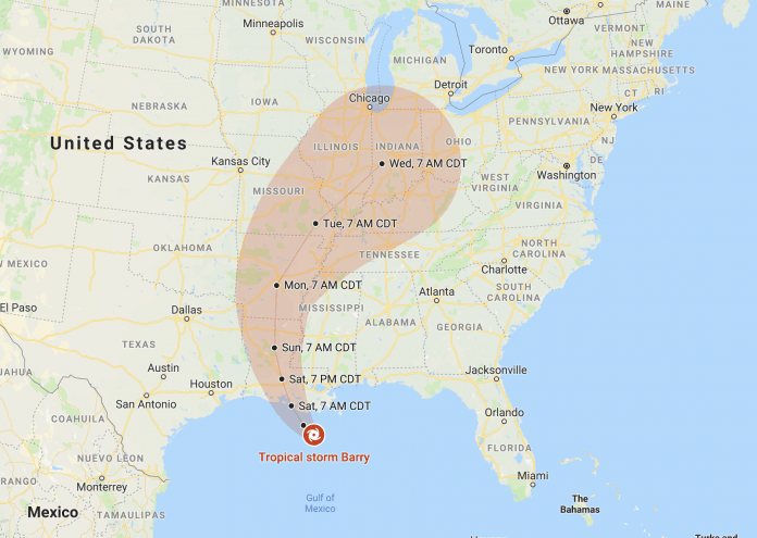 Screenshot of Tropical Storm Berry’s projected path. School buses are ready to evacuate residents in Louisiana if needed.