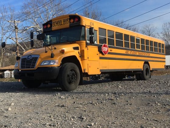 The 2015 Blue Bird propane bus used by researchers at West Virginia University to gauge NOx emission levels.