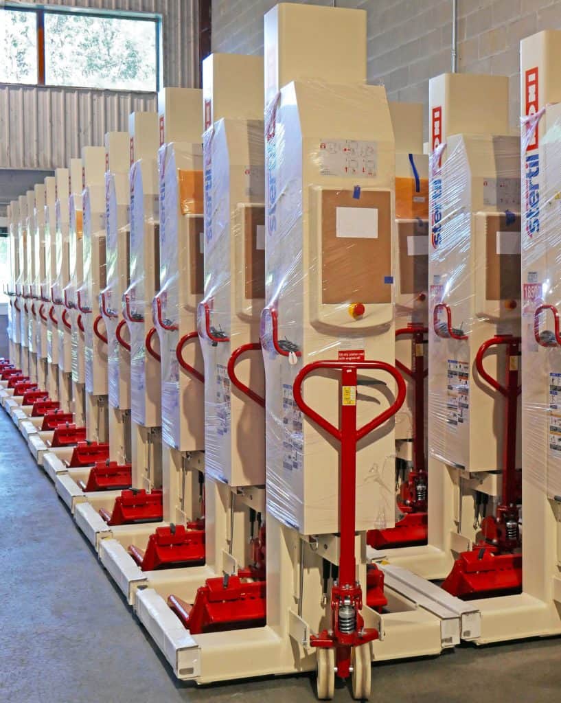 Stertil-Koni mobile column lifts are shown ready for delivery to customers.