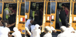 A student's mother fights with a school bus employee on Sept. 19, 2019. (Photo courtesy of CBS Denver.)