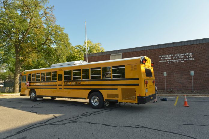First Student said this electric bus being tested in Rochester, Minnesota, is the first step in the company’s evolution toward sustainability.