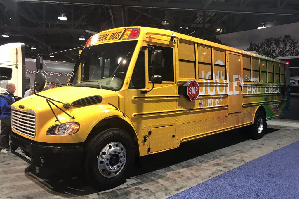 The Thomas Built Buses Saf-T-Liner C2 Jouley electric school bus with battery pack, thermal management software from Proterra. The bus was displayed at the ACT EXPO in Long Beach, California on April 26, 2019.