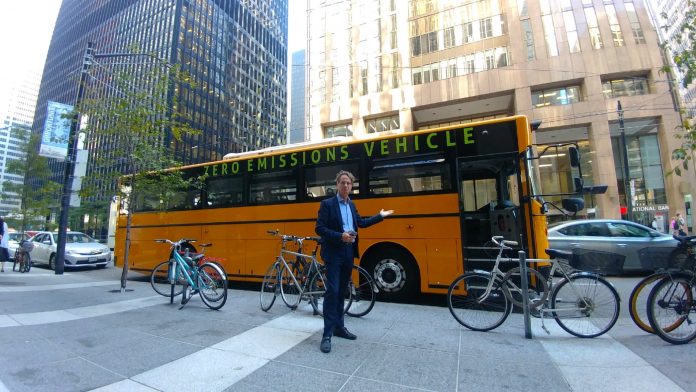GreenPower unveiled its Synapse 72 all-electric school bus on Oct. 5, 2017 in downtown Vancouver and conducted demonstration rides for local schools.