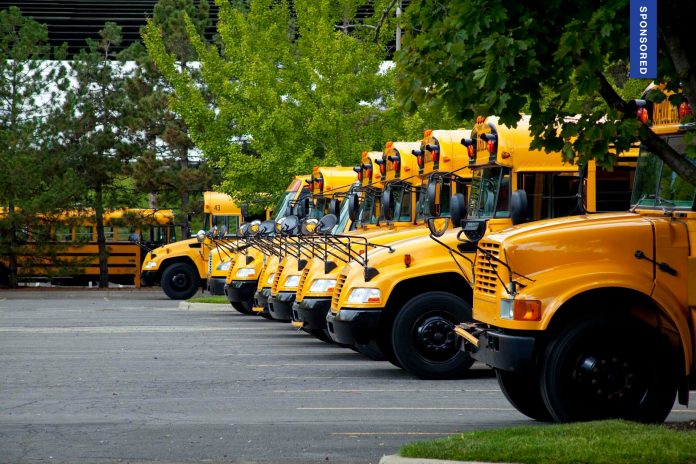 school buses in a row