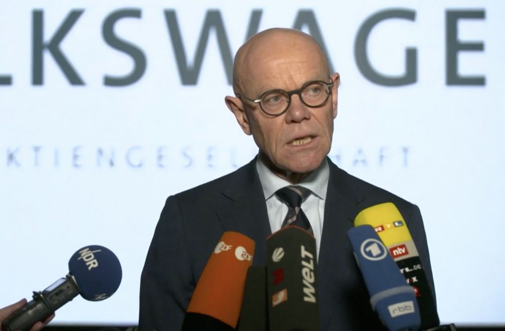 Thomas Steg, General Representative of Volkswagen Group for External Relations, discussing the class-action suit at a VW press conference on Feb. 14.