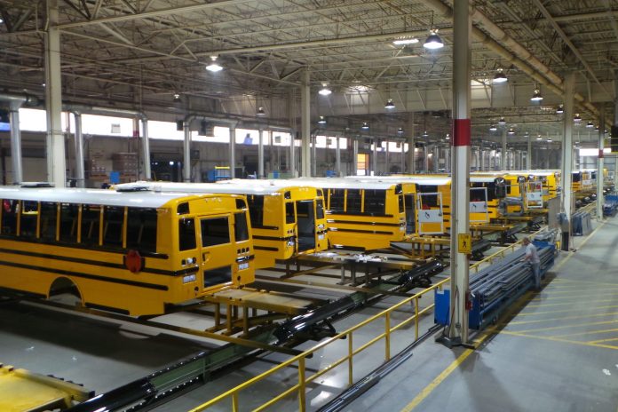 A 2015 file photo of the Thomas Built Buses Saf-T-Liner C2 plant in High Point, North Carolina.