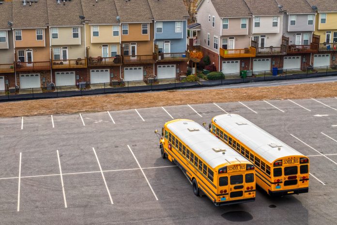 Parked school buses serve as Wi-Fi hotspots for students without Internet connection at home.