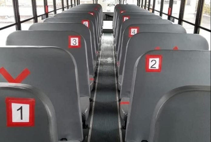 What physical distancing guidelines for students could look like on a school bus. Photo courtesy of Bob Morse.