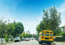 School bus in a Los Angeles neighborhood, California.