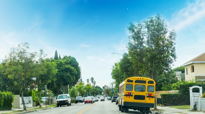 School bus in a Los Angeles neighborhood, California.
