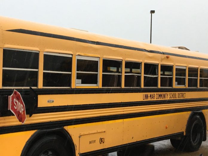 School buses at Linn-Marr Community Schools in Iowa were damaged in the storm that hit Iowa on Aug. 10.
