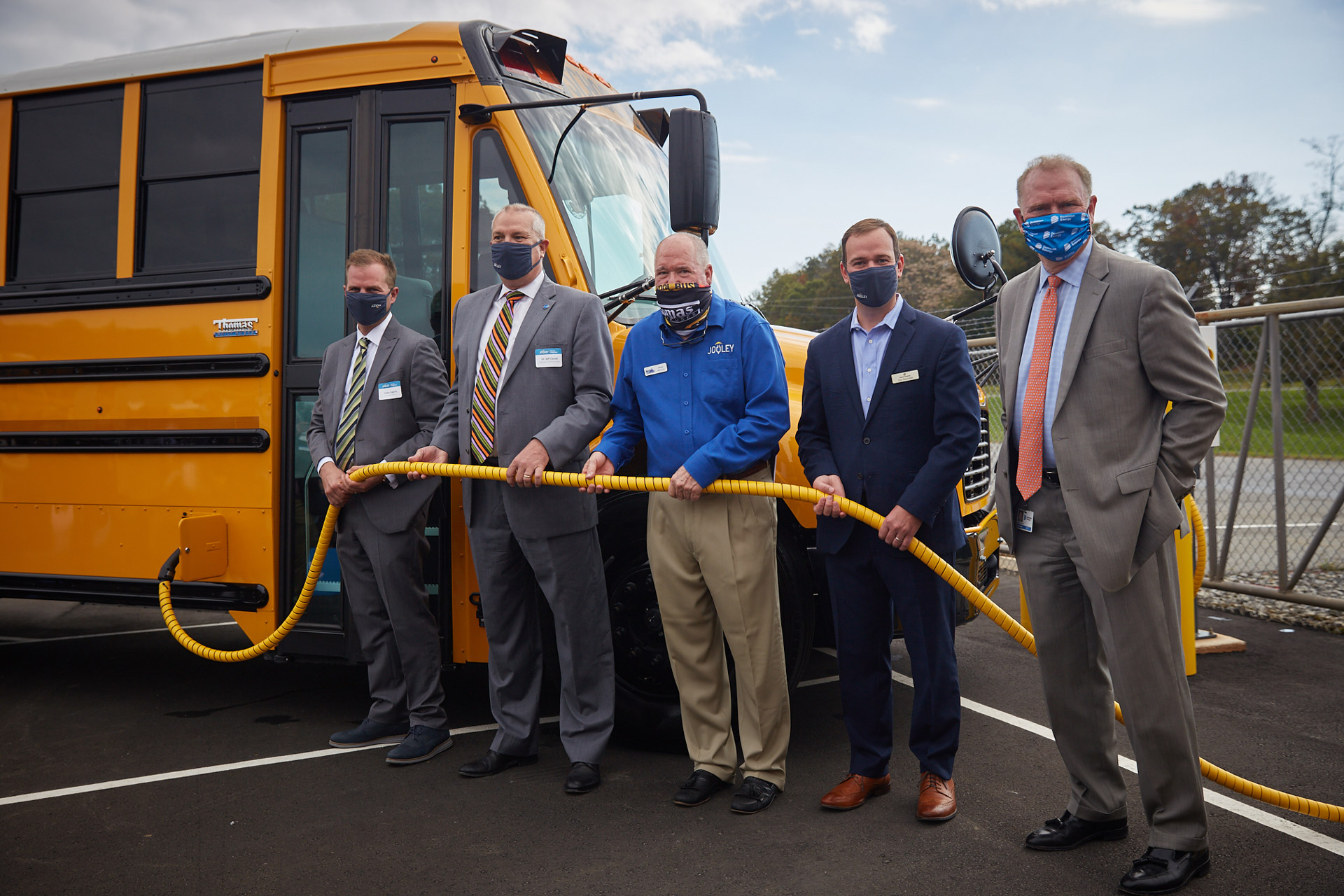 Pictured from left: Caley Edgerly, president and CEO of Thomas Built Buses; Dr. Jeff Cassell, superintendent of Waynesboro City Public Schools; Floyd Merryman, president and CEO of Sonny Merryman; Eric Reynolds, senior director of channel sales at Proterra; and Dan Weekley, vice president of energy innovation policy and implementation at Dominion Energy. 