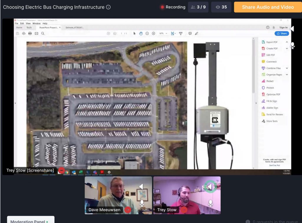 Dave Meeuwsen of Zeeland Public Schools in Michigan and Trey Stow of Fulton County Schools in Georgia talk electric charging infrastructure considerations during a Virtual Green Bus Summit session on April 20, 2021.