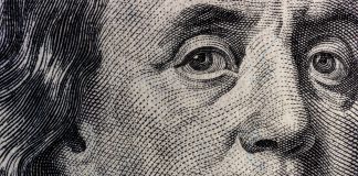 Closeup of Ben Franklin on a one hundred dollar bill for background IV