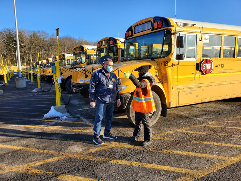 Alfred Karam, the director of transportation for Shenehedowa Central Schools in New York, speaks with driver trainer Alfred Karam, the director of transportation for Shenendehowa Central Schools in New York, speaks with driver trainer Tracey-Ann Gort.