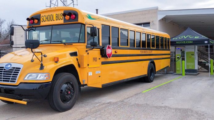 File photo of a Blue Bird Vision electric school bus.