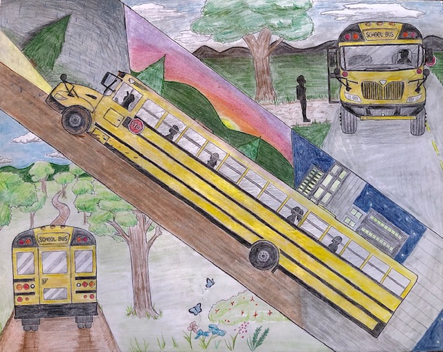 “A Bus’s Adventurous Spirit” in pencil, colored pencils & marker by Jacqueline Daley