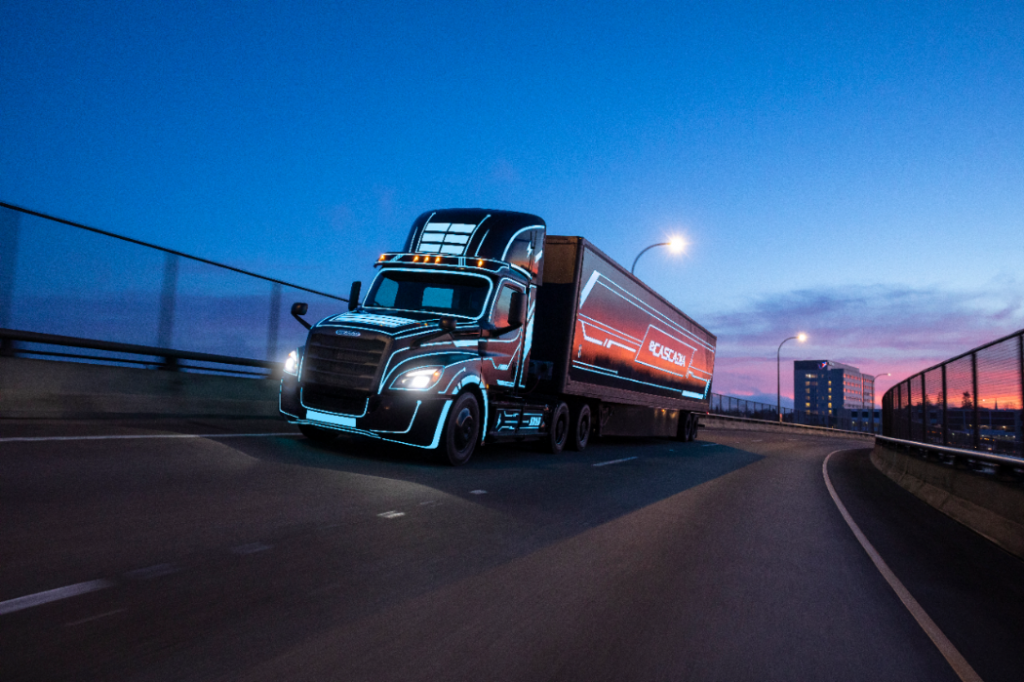 The Freightliner eCascadia pictured in Portland, Ore. is visiting multiple dealerships on the West Coast